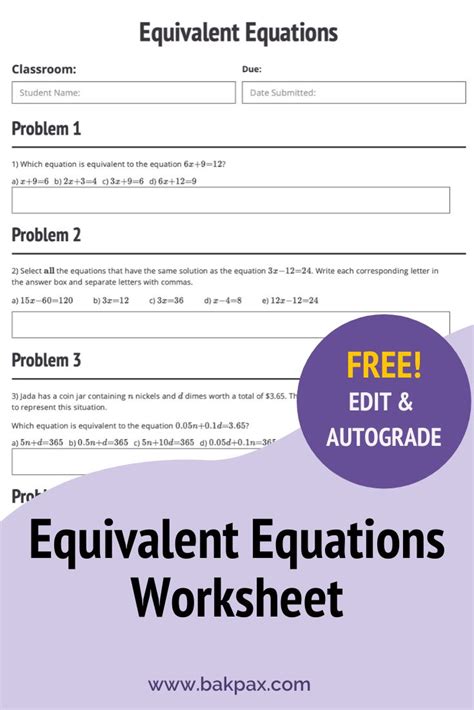 equivalent equations algebra  worksheet equivalent equations
