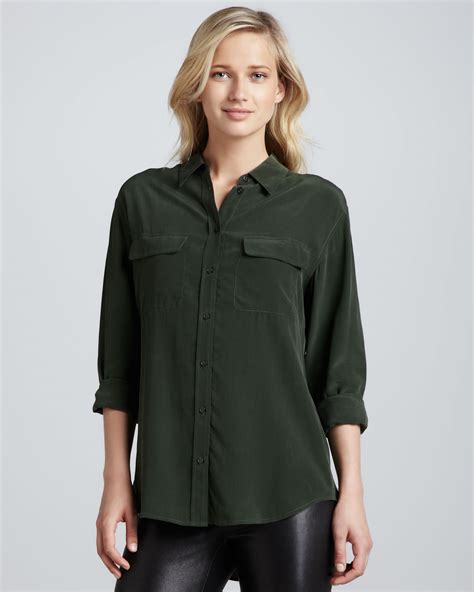 lyst equipment signature vintage wash silk blouse dark army  green