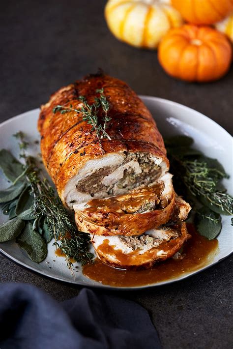 roasted turkey breast roulade with grain free herbed sausage stuffing