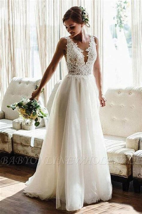 White Ivory V Neck Lace Tulle Bridal Dress Aline Beach Wedding Dress