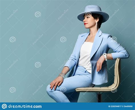Attractive Smiling Short Haired Brunette Woman In Blue Business Smart