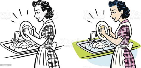 vintage housewife washing dishes stock illustration download image