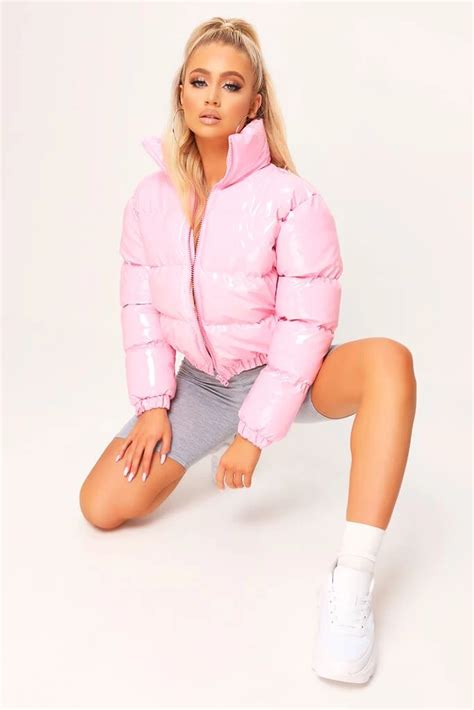 baby pink cropped funnel neck pvc puffer coat padded jacket     puffer jacket