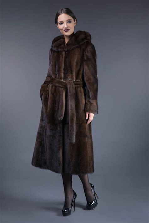 natural brown mink fur hooded coat tied  belt handmade bynordfur