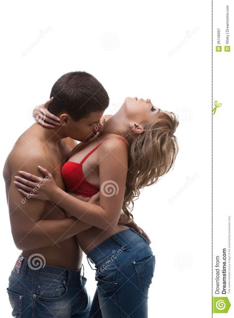 Athletic Beauty Man Kiss Sexy Girl In Red Bra Royalty Free