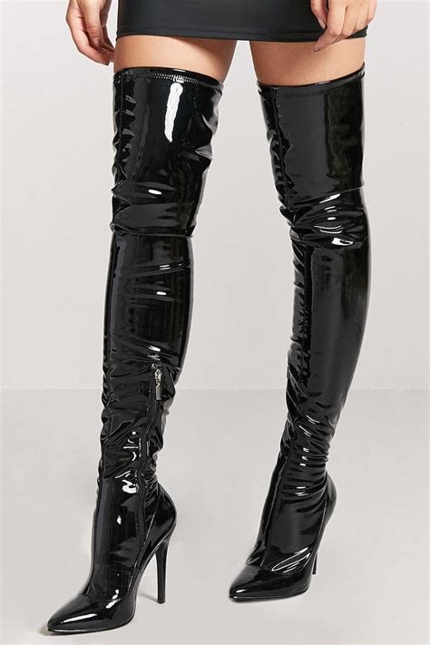Forever 21 Faux Patent Leather Thigh High Boots In Black Lyst Free