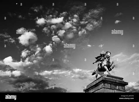 Black And White View Cloudy Sky Moon And Statue Of Kusunoki Masashige
