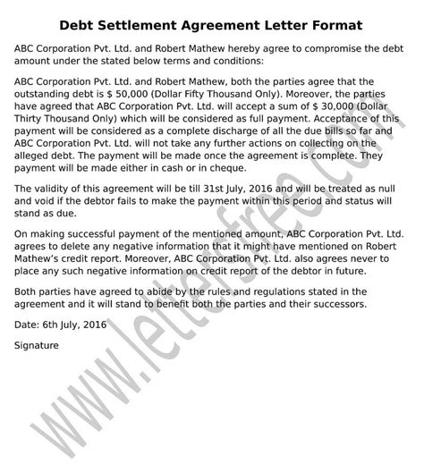 sample agreement letter  debt settlement  letters