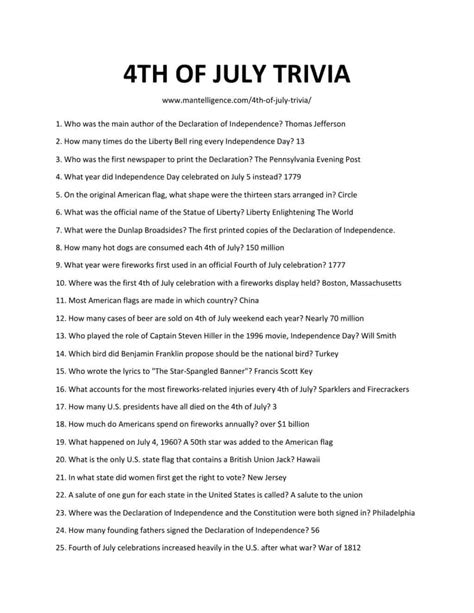 July 4th Trivia Questions And Answers Printable