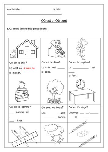introduction  french prepositions worksheets teaching resources