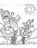 Playing Park Kids Coloring Pages Rides Children Drawing Clip Clipart Color Outside Having Bouncing Illustration Printable sketch template