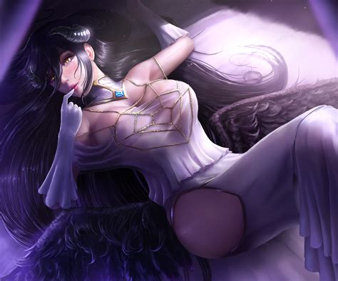 rule 34 1girls albedo overlord black hair blush breasts clothed