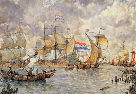 binnenkomende vloot vooramsterdam  schoolplaat isings anglo dutch wars marine painter