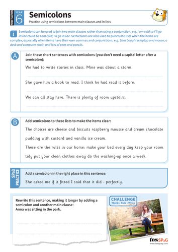 semi colons worksheet year  spag teaching resources