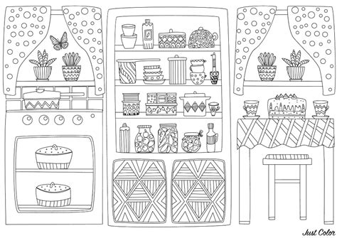 cozy kitchen interior cupcakes adult coloring pages
