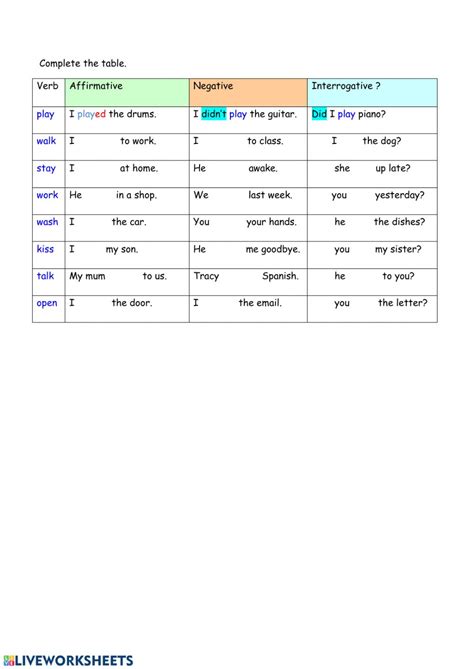 past tense regular verbs interactive worksheet