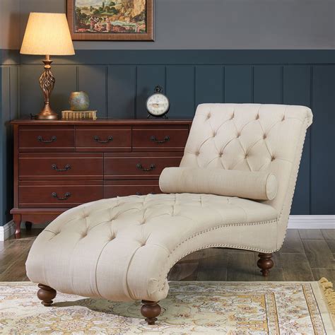 belleze teofila tufted chaise lounge chair leisure sofa couch  bolster pillow nailhead trim
