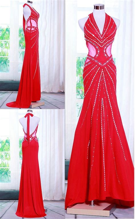 Sexy Mermaid Halter Backless Side Cutouts Red Chiffon Beaded Evening