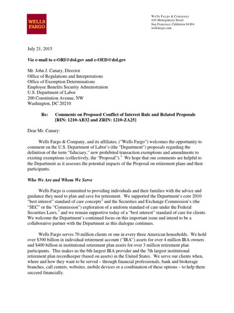 wells fargo comment letter fiduciary request  proposal