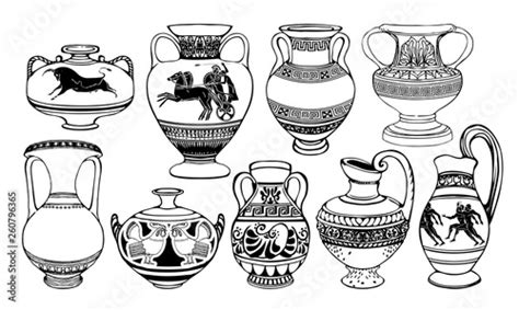 set  antique greek amphorae vases  patterns decorations