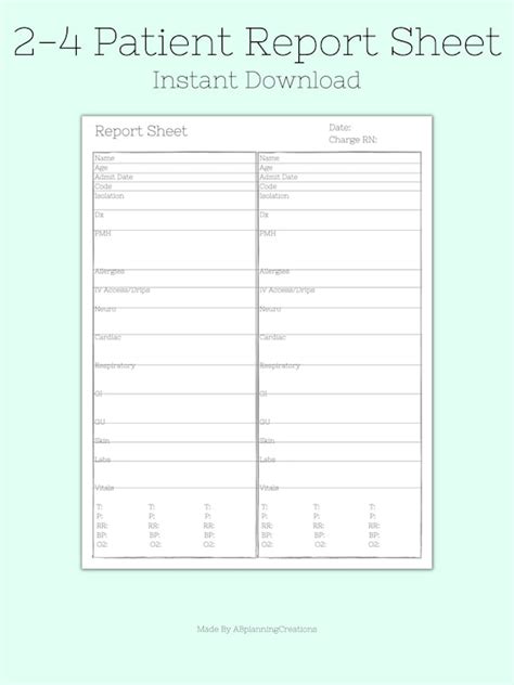 nursing report sheet   patient report sheet med surg etsy ireland