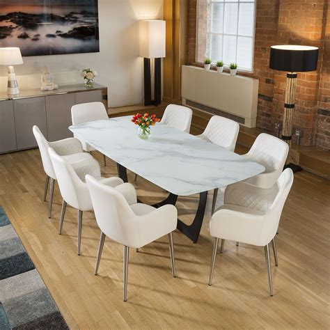 modern white glass marble effect dining table  white carver chairs