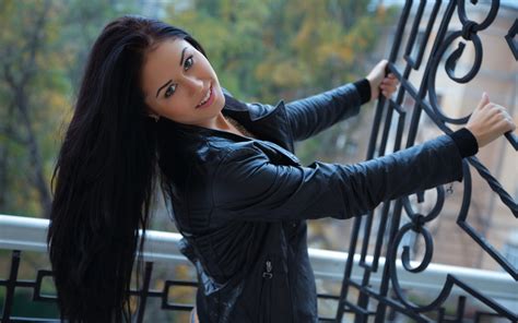 Brunettes Women Models Long Hair Leather Jacket Ukrainian Macy B