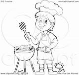 Cooking Boy Bbq Grill Clipart Lineart Illustration Happy Royalty Visekart Vector sketch template