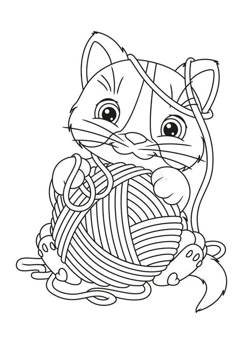 cat  yarn ball coloring page outline cartoon vector illustration