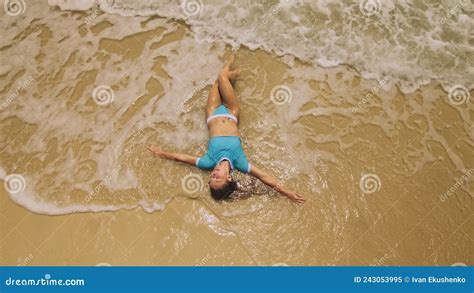 Woman Lying On Shallow Water Sea Happy Slightly Tipsy Woman Enj Stock