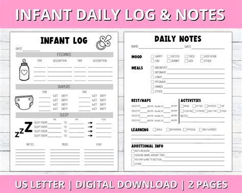 infant daily log printable baby daily log  notes infant daily