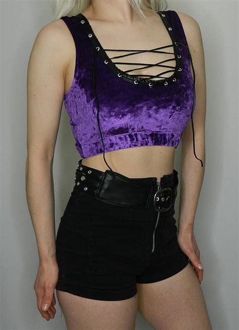purple velvet  leather lace  crop top