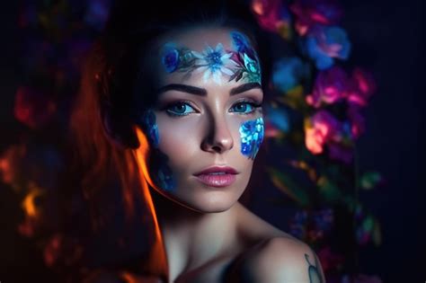 Premium Ai Image Sensual Woman With Body Art And Colored Eyes And
