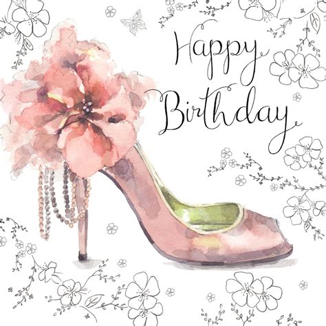 twizler happy birthday card    silver foiling unique watercolour effect  pink shoe