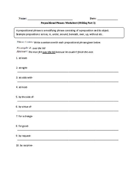 prepositional phrase worksheet  answers worksheetocom