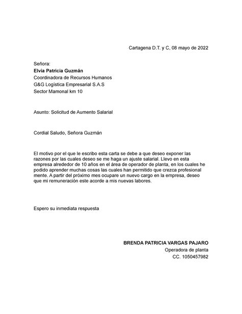 carta aumento salarial estio bloque cartagena     mayo de  senora elvia patricia