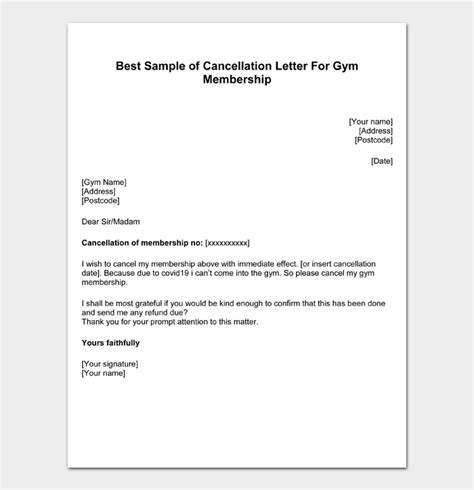cancel gym membership letter sample