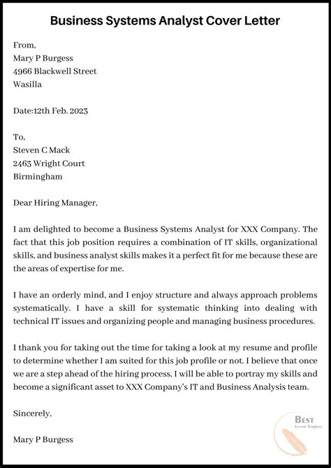 sample business analyst cover letter template  examples