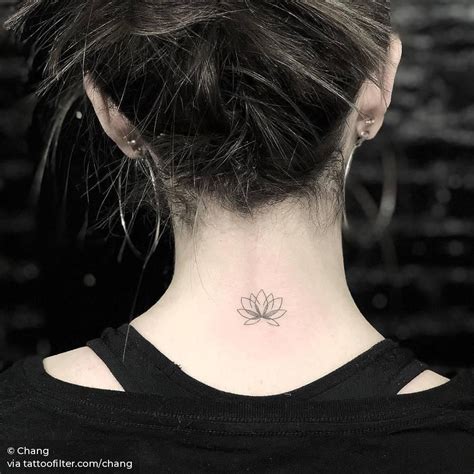 Fine Line Lotus Flower On The Back Of The Neck Neck Tattoo