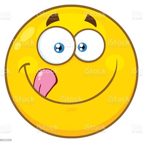 Smiling Yellow Cartoon Emoji Face Character Licking His Lips Stock