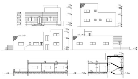 single story simple elevations  sections  house building cadbull