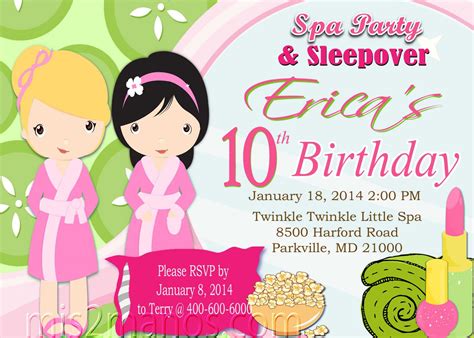 sleepover spa party birthday invitation girls birthday