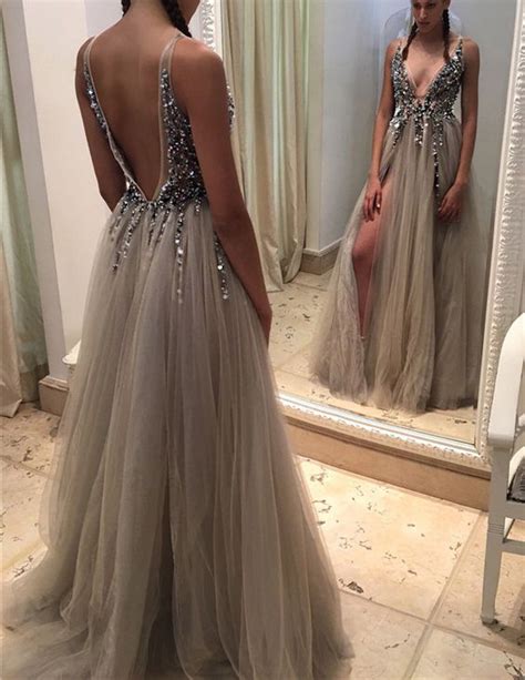 sexy deep v neck backless grey tulle prom dresses off the shoulder open back evening dress prom