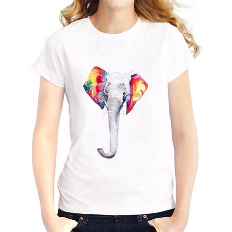 Colorful Ears White Elephant T Shirt Summer Tees Tops Breathable