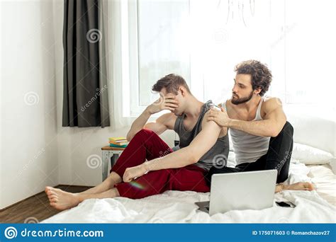 Offended Gay His Sex Partner Hugging Him From Back Stock Image Image