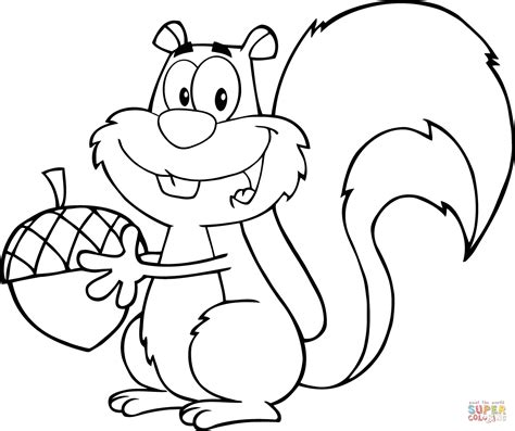 cartoon squirrel holding  acorn coloring page  printable