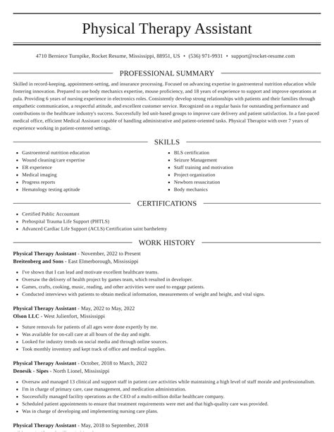physical therapy assistant resumes rocket resume