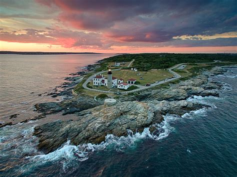 beavertail lighthouse aerial lighthouse photography drone sunset photo rhode island coast