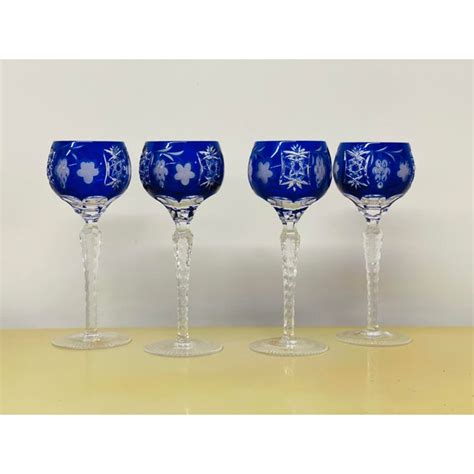 Vintage Mid Century Hungarian Crystal Cobalt Blue Wine Hock Glasses