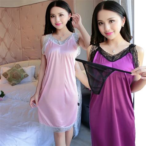 Silk Satin Lace Sexy Lingerie Nightgowns For Women Summer Sleeveless V